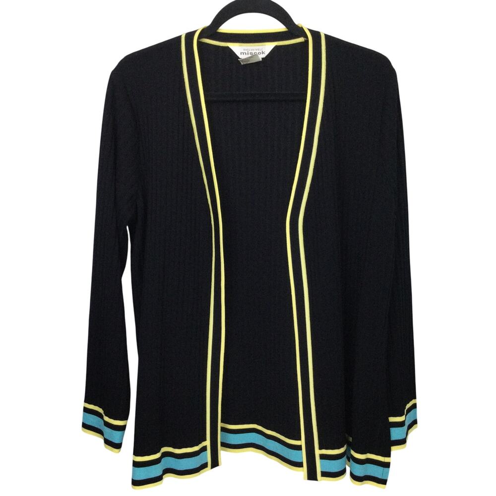 Exclusively Misook Women's Vintage Open Cardigan Duster Black Striped Size L